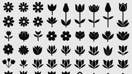 Seamless Pattern of Minimalist Black and White Flower Silhouettes on a Light Background.