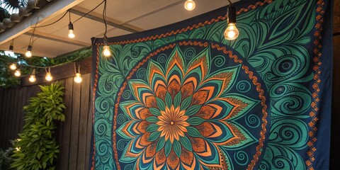 Obraz premium Boho Backyard Mandala Tapestry and String Lights, backyard ,decoration