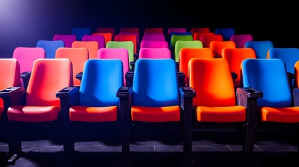 Fototapeta premium Vibrant, colorful auditorium seating in a darkened room, illuminated by a spotlight, showcasing rows of bright plastic chairs in various hues