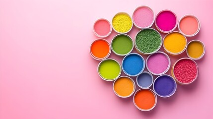 Vibrant colored powders in small containers arranged in a loose circular pattern on a pink background