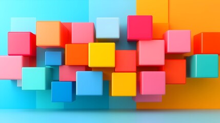 Vibrant, multicolored cubes arranged in an abstract, flowing pattern against a blue and orange backdrop