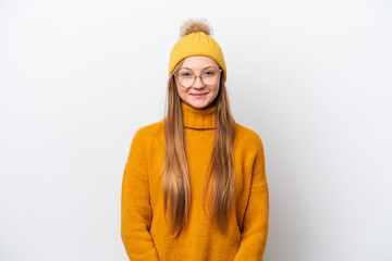 Young caucasian woman wearing winter jacket isolated on white background with glasses and happy