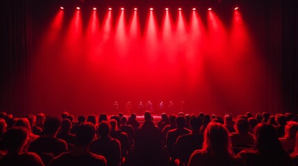 Spectators are gathered in a dimly lit venue, intently watching a performer on stage. The atmosphere is enhanced by striking red lights, creating an engaging ambiance during the event