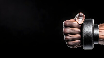 Close-up of a dark-skinned hand gripping a black cylindrical weight against a stark black background.  Muscular arm visible