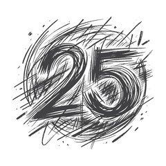 Vintage Hand-Drawn Sketch Style Number 25 Illustration &ndash; Retro Numeric Engraving for Creative Typography, Education, and Lifestyle Apparel, Stickers, Label, and T-Shirts