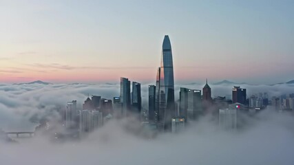 A stunning skyline emerging from fog at sunrise, showcasing urban beauty. - Powered by Adobe
