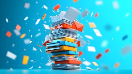 Colorful stack of files and folders with papers flying around, against a vibrant blue background