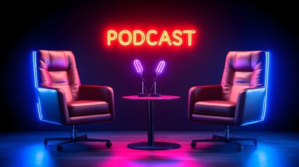 Two leather chairs face a small table with microphones, illuminated by a neon "PODCAST" sign in a dark room with colorful lighting
