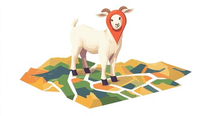 A white goat, wearing a red location marker hat, stands on a stylized, isometric map featuring varied terrain and roads