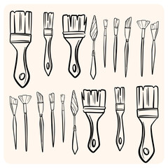 Simple Line Art Icon Set of Painting Brushes and Palette Knife