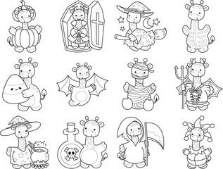 Coloring pages of Set Vector Stock Illustrations Isolated of Baby Giraffe.
Outline of Cute giraffe animals with various activities.