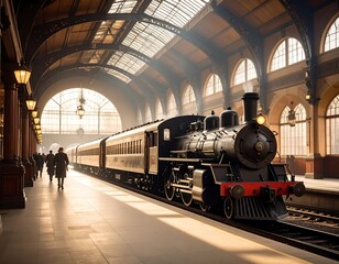 Vintage train station with steam locomotive