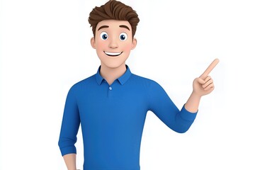 Friendly cartoon man with brown hair, wearing a blue shirt, points to the right against a white background. He has a cheerful expression. The style is 3D rendered and playful.