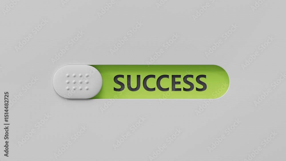 Poster success.slide switch spelling.Flat lay view from above on green background with slide switch buttons.IT technology concept.3D rendering on green background.
