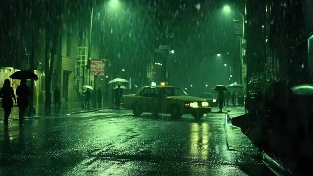 Rain falls in slow motion on a quiet city street at night with a glowing taxi in the foreground, Rain falling in slow motion on city street at night Cinematic Slow motion
