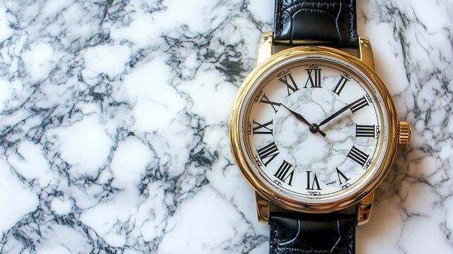 Elegant wrist watch with roman numerals and black leather strap on marble surface