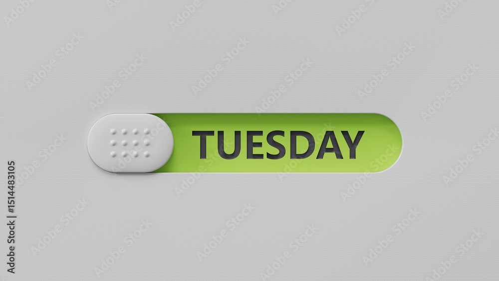 Poster Tuesday.slide switch spelling.Flat lay view with slide switch buttons.IT technology concept.3D rendering on green background.