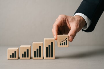 Strategic decision-making and innovation drive business growth as illustrated by rising graph blocks symbolizing increasing success and efficiency