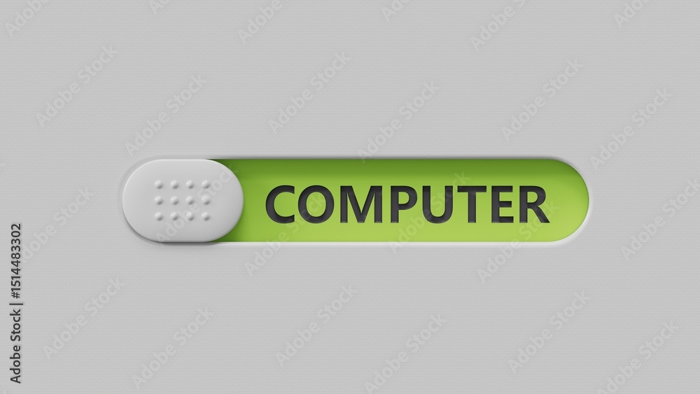 Poster computer.slide switch spelling.Flat lay view from above on slide switch buttons.IT technology concept.3D rendering on green background.