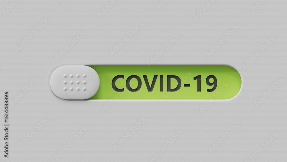 Poster Covid-19.slide switch spelling.Flat lay view from above on green background with slide switch buttons.IT technology concept.3D rendering on green background.
