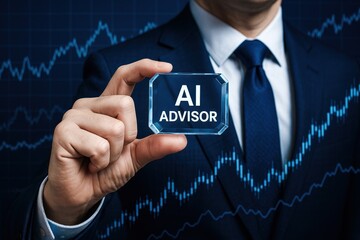 A business professional demonstrates strategic decision-making and innovation by highlighting AI advisory technology amidst dynamic profit growth charts