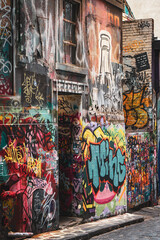 Naklejka premium graffiti streets, Melbourne streets, city streets. graffiti in downtown, urban life