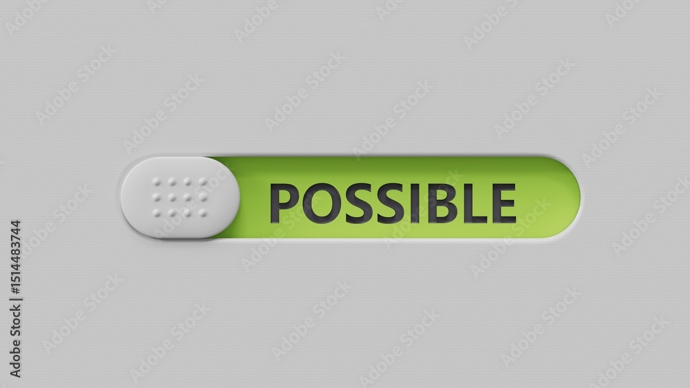 Poster possible.slide switch spelling.flat lay view from above on green background with slide switch button