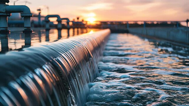 Water recycling infrastructure showcasing circular closed-loop system at sunset in water treatment facility.