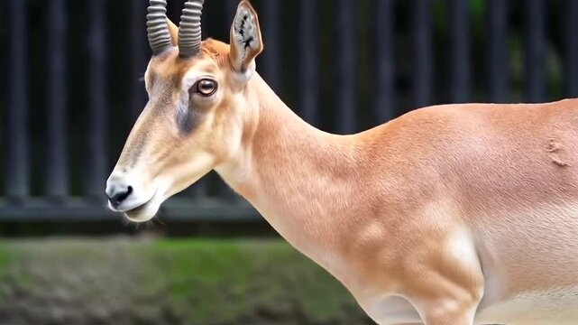 Close-up of a saiga antelope with its distinctive nose and horns