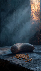 Rustic stone mill with scattered grains on wooden surface in moody lighting