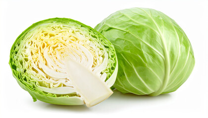 Fototapeta premium Fresh green cabbage with half cut showing layers and texture isolated on white background, healthy vegetable with natural color and crisp leaves