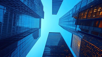 Worm's eye view of tall buildings with glass facades against a bright blue sky in the city center
