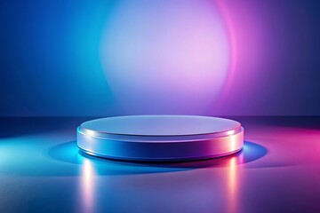 Elegant round podium illuminated by soft blue and pink spotlights for product presentation and display, creating a modern and minimal backdrop