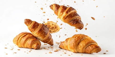 Golden Croissants in Motion Freshly Baked, Flaky Goodness on White, Bakery , Pastry