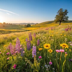 Fototapeta premium Golden Meadow Wildflowers Bloom at Sunrise, landscape ,nature