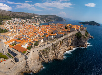 Aerial panorama of the coastal city of Dubrovnik. High angle view of the Croatian coast and the old town summer tourist attraction