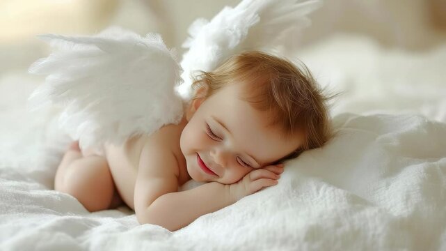 Cute newborn baby angel peacefully resting on a soft white blanket in a serene setting, cute newborn baby angel lying on a white blanket
