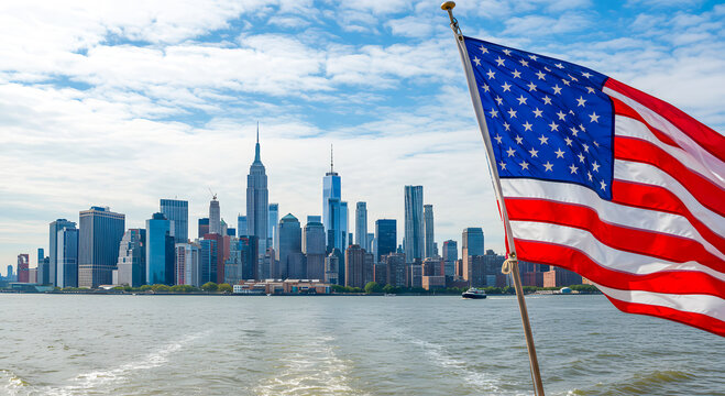 American Flag Waving with New York City Skyline in Background - Powered by Adobe