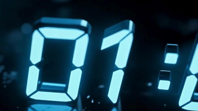 Futuristic digital countdown timer with glowing neon lights, high-tech cyberpunk style, for high-energy events and sci-fi projects