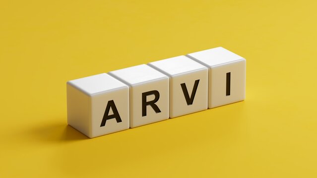 wooden cubes with the word arvi. Care concept.close up of wooden cubes,Business Concept.3D rendering on yellow background.
