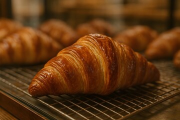 A hyper-realistic image of a freshly baked croissant with a glossy golden crust resting on a wire cooling rack. Flaky layers and rich texture highlighted under warm bakery lighting.