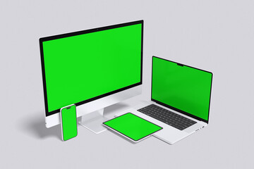 Green screen responsive device with grey background color for mockup template