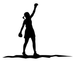 black silhouette vector of a strong woman standing on a mountain peak with raised fist symbolizing victory, empowerment, and confidence in minimal 