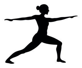 black silhouette of woman doing warrior yoga pose in side view, vector illustration representing strength, balance, mindfulness, and healthy lifestyle