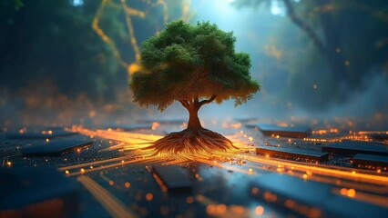 Green tree growing from glowing circuit board with illuminated roots connecting nature and technology in a futuristic forest. Eco technology concept
