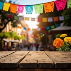 Mexican Fiesta Background Wooden Table, Marigolds and Papel Picado Banner , Celebration, Culture