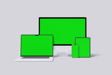 Green screen responsive device with grey background color for mockup template