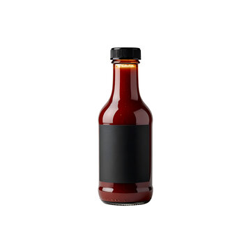 Glass bottle of red sauce with black label mockup hot on transparent background