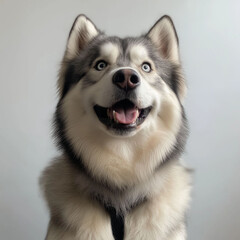 Obraz premium Closeup portrait of smiling dog. Husky dog black and white colour with blue eyes tongue out