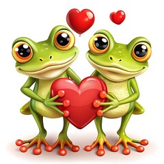 Obraz premium Two cartoon frogs holding a red heart isolated on white background, expressing love and happiness in a sweet and cheerful valentine's day illustration